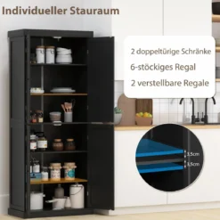 Hochschrank Badezimmerschrank Vorratsschrank mit 4 Türen & 6 Fächern Küchenschrank 76 x 40 x 184,5 cm Schwarz
