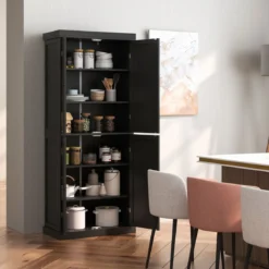 Hochschrank Badezimmerschrank Vorratsschrank mit 4 Türen & 6 Fächern Küchenschrank 76 x 40 x 184,5 cm Schwarz