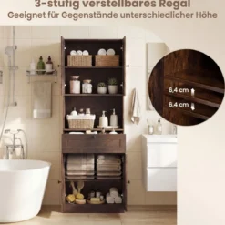 Hochschrank mit 4 Türen & 1 Schublade & Offenes Fach & 3-Fach Verstellbares Regal Dunkelbraun
