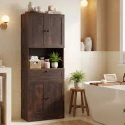 Hochschrank mit 4 Türen & 1 Schublade & Offenes Fach & 3-Fach Verstellbares Regal Dunkelbraun