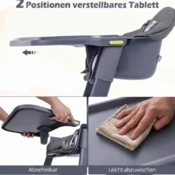 Hochstuhl Baby 3 in 1 Kinderstuhl mit Verstellbarem Tablett & Fußstütze bis 15 kg Grau