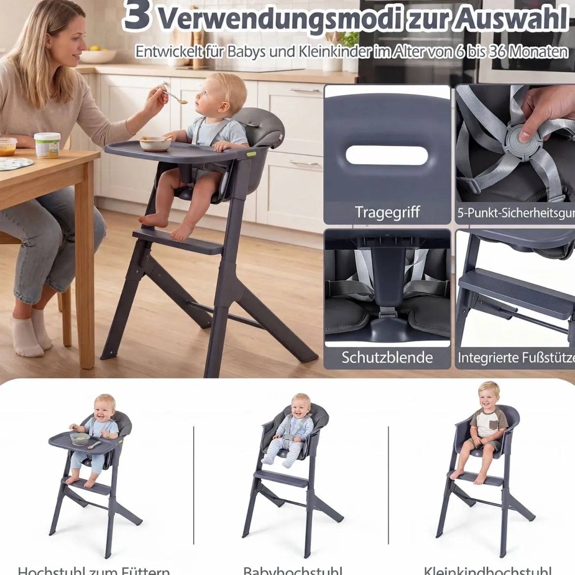 Hochstuhl Baby 3 in 1 Kinderstuhl mit Verstellbarem Tablett & Fußstütze bis 15 kg Grau