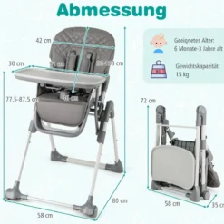 Hochstuhl Baby klappbar Kinderhochstuhl mit Liegenfunktion & verstellbaren Höhen Beige/Grau