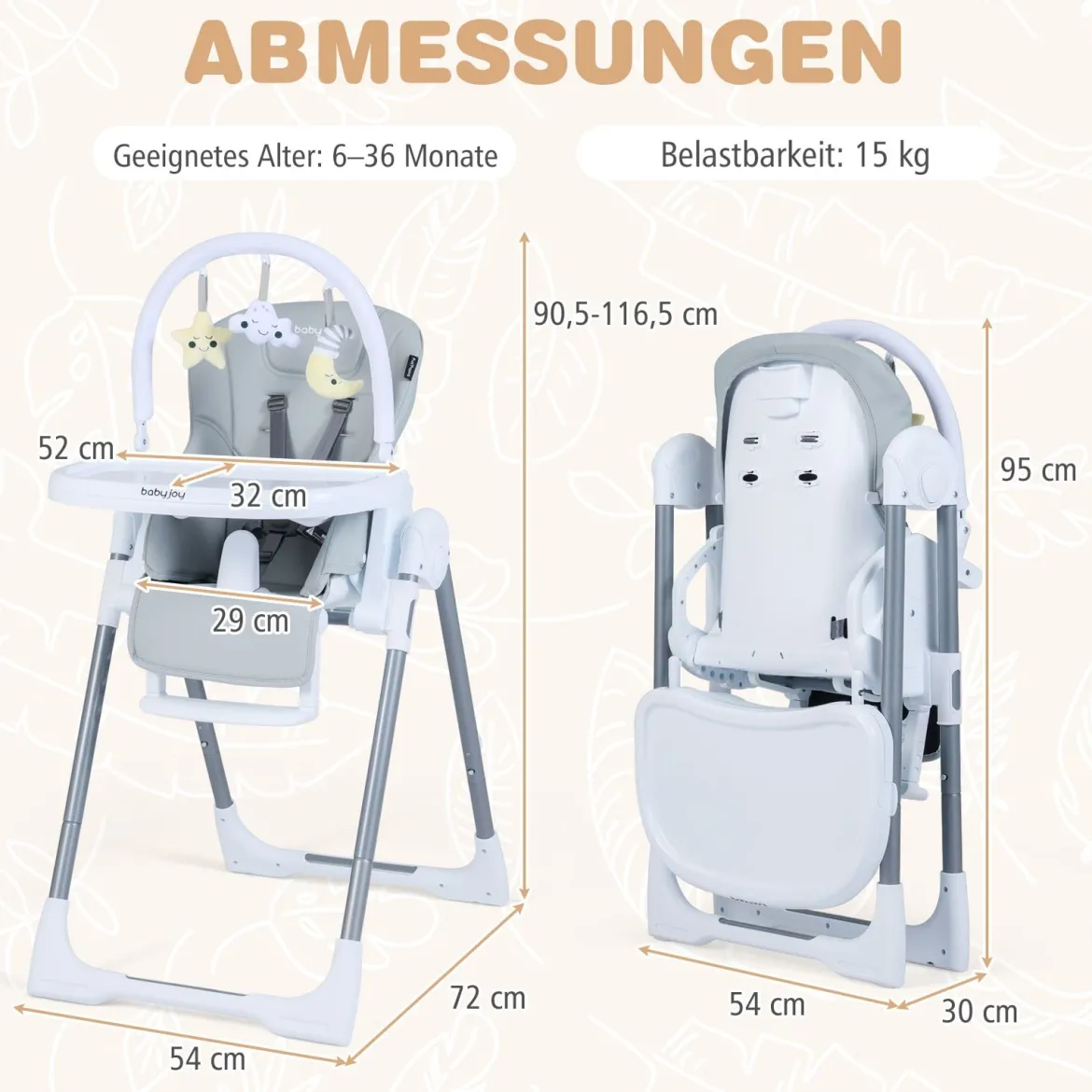 Hochstuhl Baby klappbar tragbarer Kinderhochstuhl höhenverstellbar mit verstellbarem Sitz Fußstütze Hellgrau