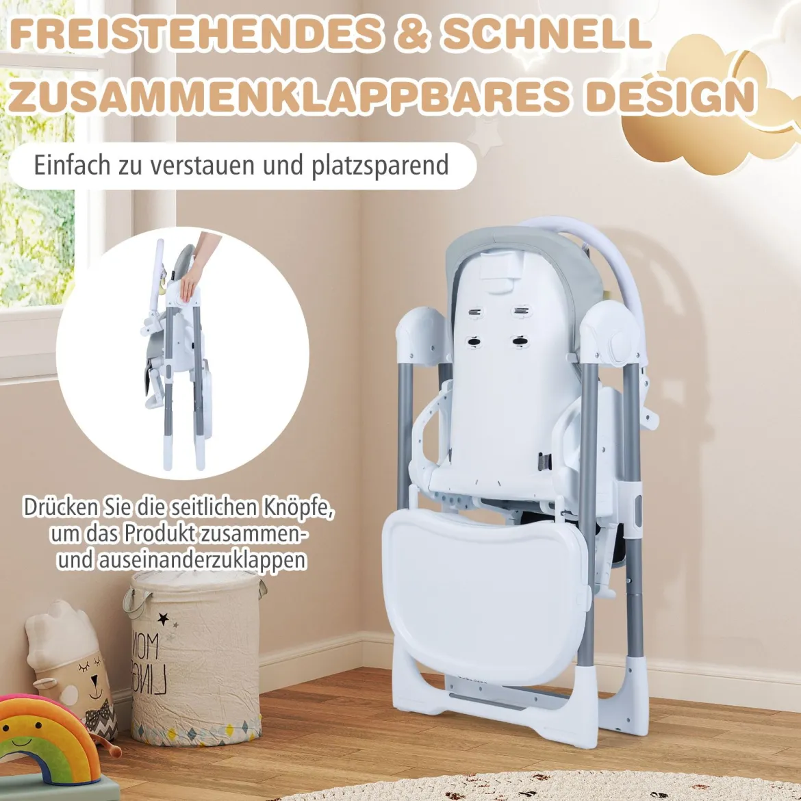 Hochstuhl Baby klappbar tragbarer Kinderhochstuhl höhenverstellbar mit verstellbarem Sitz Fußstütze Hellgrau