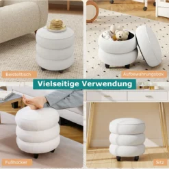 Hocker mit stauraum 40,5 x 44,5 cm Chenille Sitzhocker mit abnehmbarem Deckel Weiß