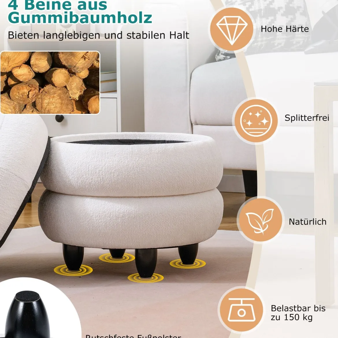 Hocker mit stauraum 40,5 x 44,5 cm Chenille Sitzhocker mit abnehmbarem Deckel Weiß