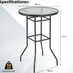 Hoher Gartentisch Stehtisch runder Bistrotisch mit Tischplatte aus gehärtetem Glas 68 x 68 x 97 cm Schwarz
