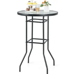 Hoher Gartentisch Stehtisch runder Bistrotisch mit Tischplatte aus gehärtetem Glas 68 x 68 x 97 cm Schwarz