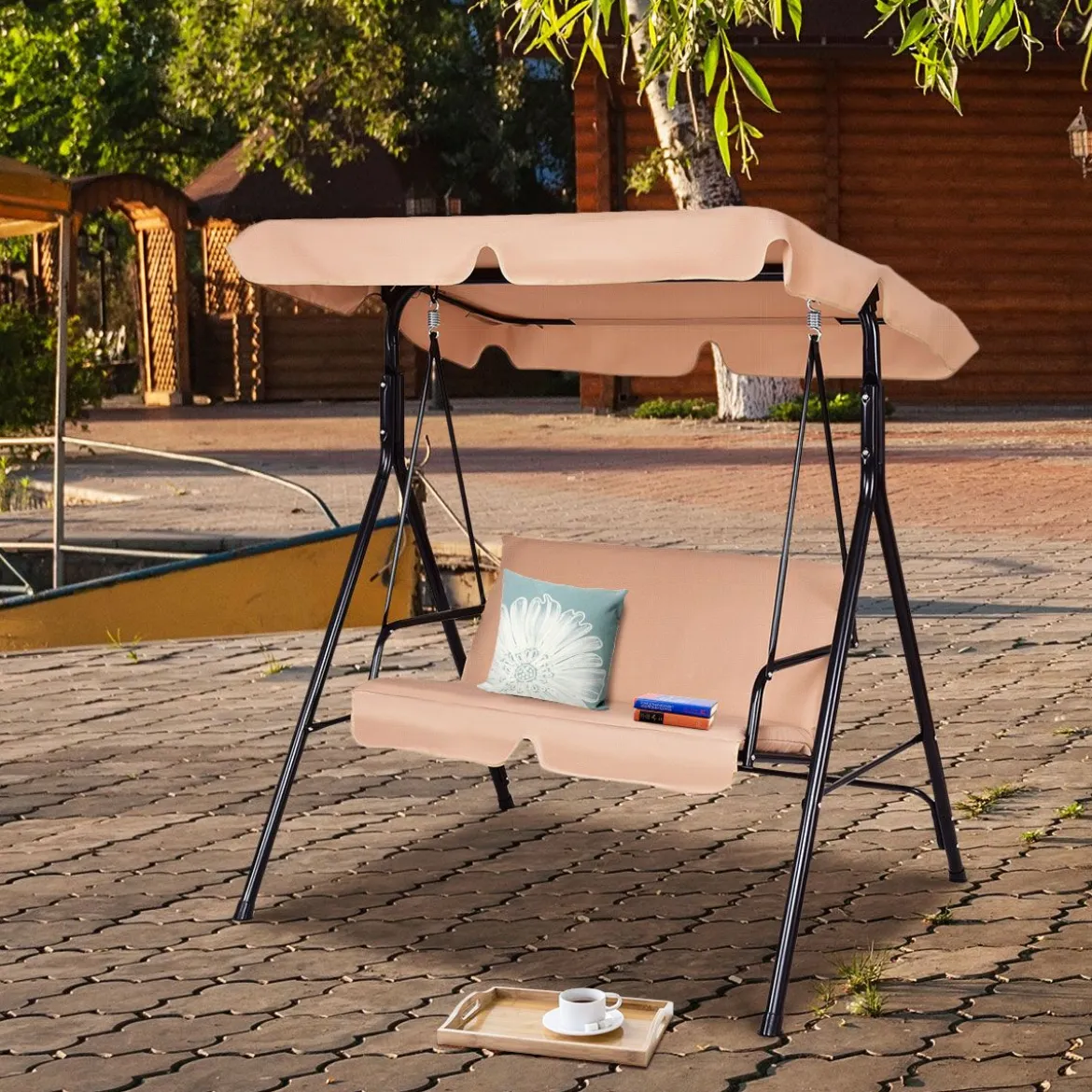 Hollywoodschaukel Gartenschaukel mit Sonnendach Gartenliege Schaukelbank 141 x 118 x 154 cm Braun