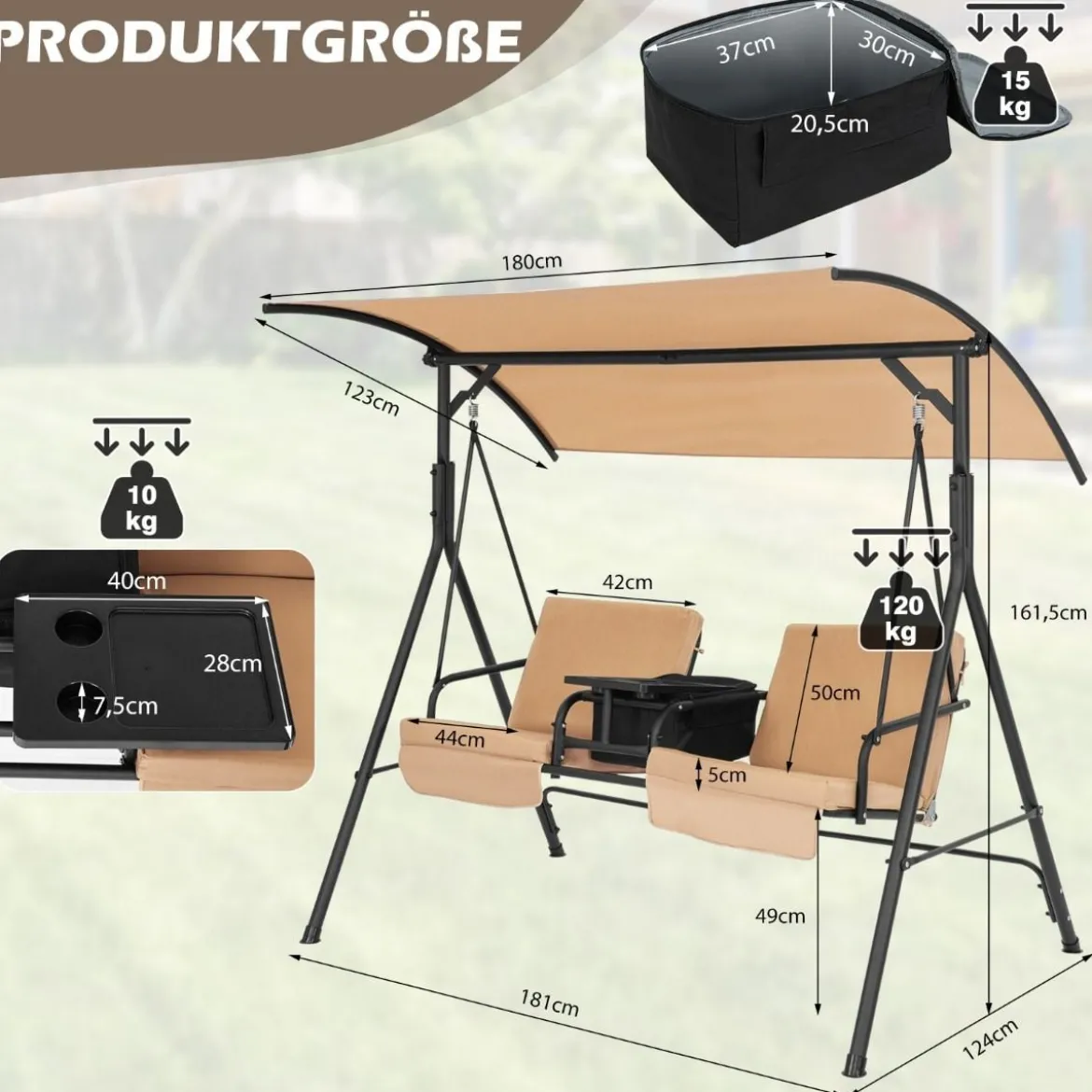 Hollywoodschaukel mit Kühltasche drehbarem Tablett und abnehmbaren Kissen Braun 180 x 124 x 161,5 cm