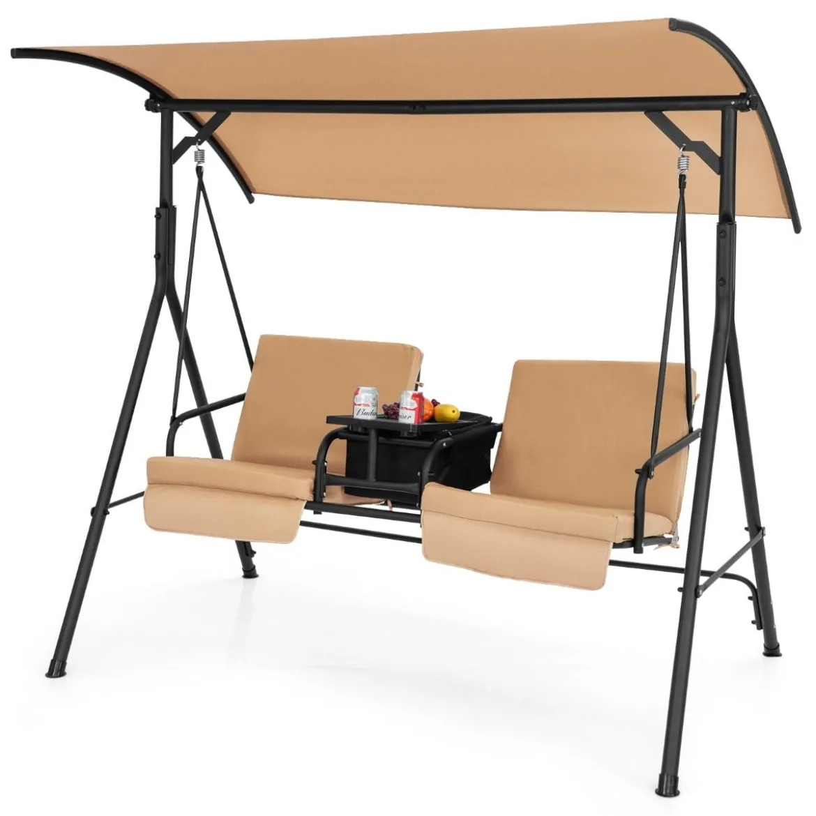 Hollywoodschaukel mit Kühltasche drehbarem Tablett und abnehmbaren Kissen Braun 180 x 124 x 161,5 cm