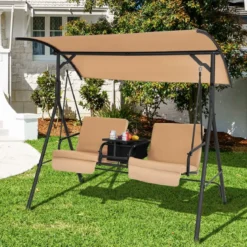 Hollywoodschaukel mit Kühltasche drehbarem Tablett und abnehmbaren Kissen Braun 180 x 124 x 161,5 cm