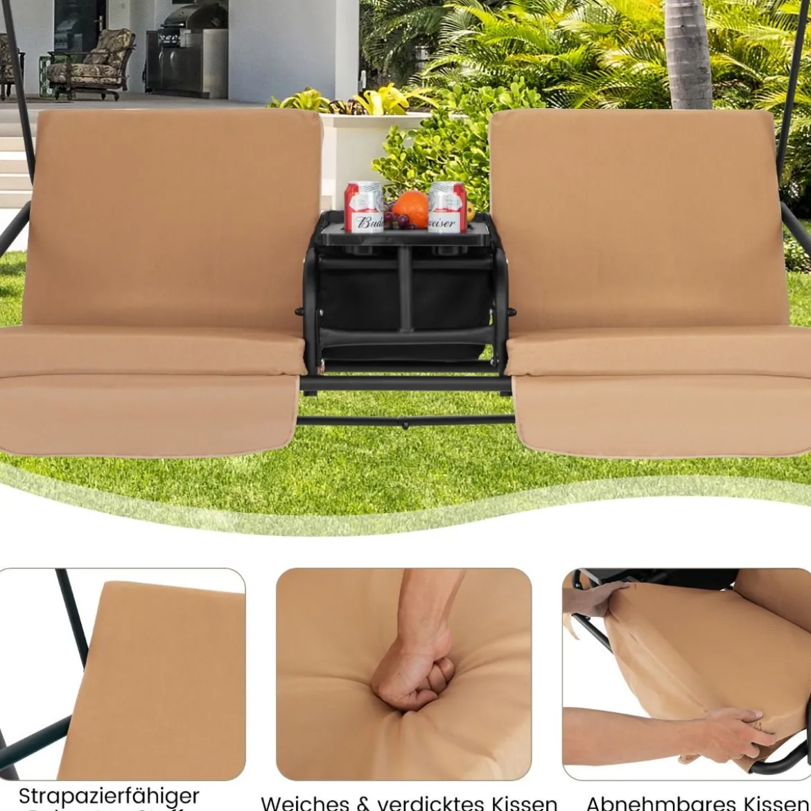 Hollywoodschaukel mit Kühltasche drehbarem Tablett und abnehmbaren Kissen Braun 180 x 124 x 161,5 cm