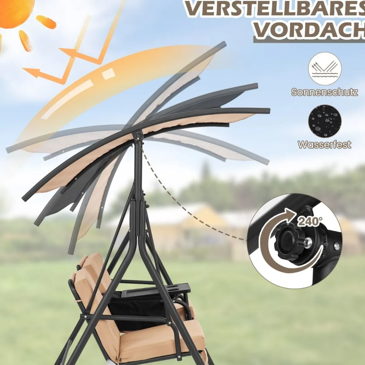Hollywoodschaukel mit Kühltasche drehbarem Tablett und abnehmbaren Kissen Braun 180 x 124 x 161,5 cm