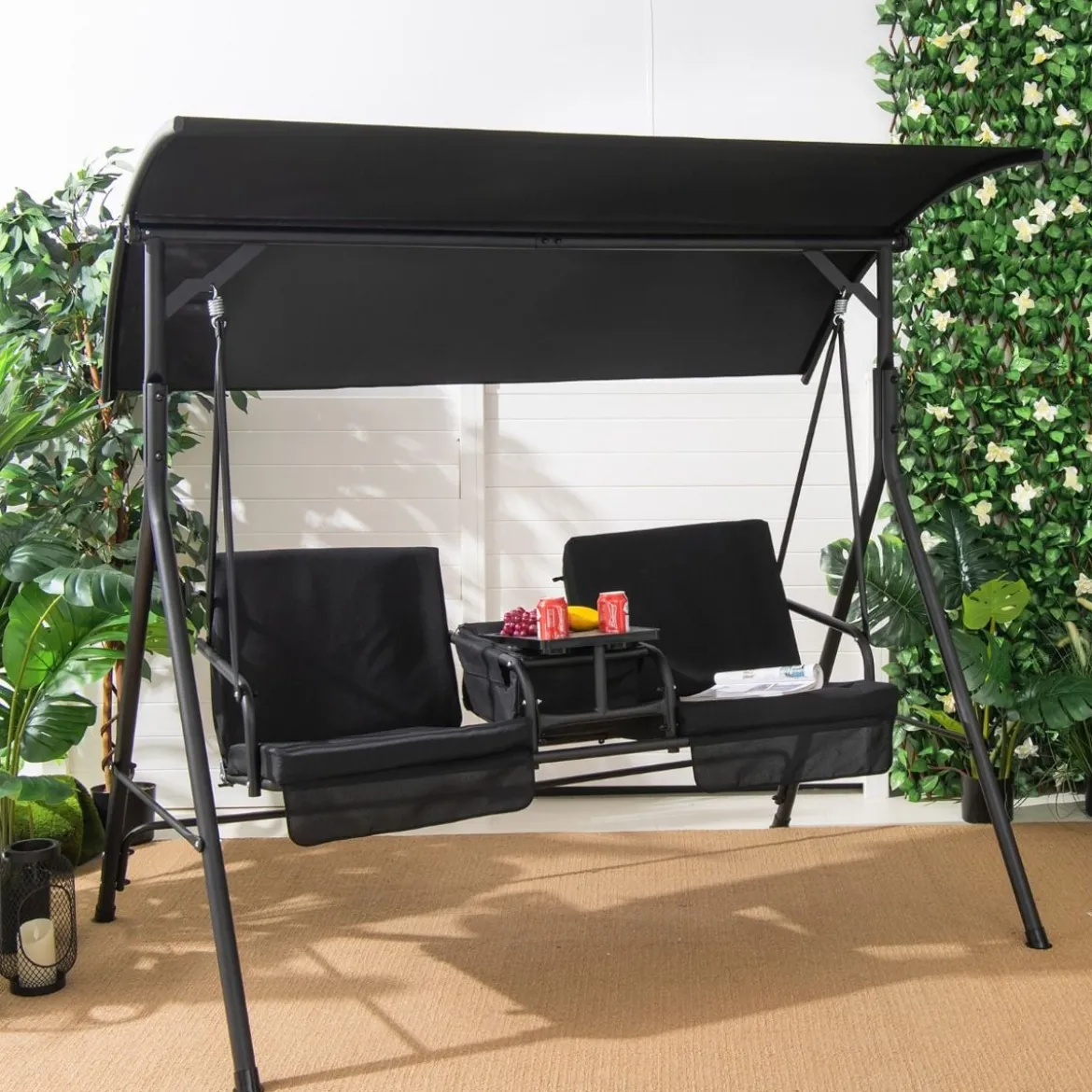 Hollywoodschaukel mit Kühltasche drehbarem Tablett und abnehmbaren Kissen Schwarz 180 x 124 x 161,5 cm