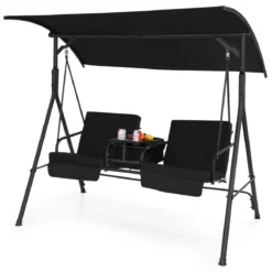 Hollywoodschaukel mit Kühltasche drehbarem Tablett und abnehmbaren Kissen Schwarz 180 x 124 x 161,5 cm