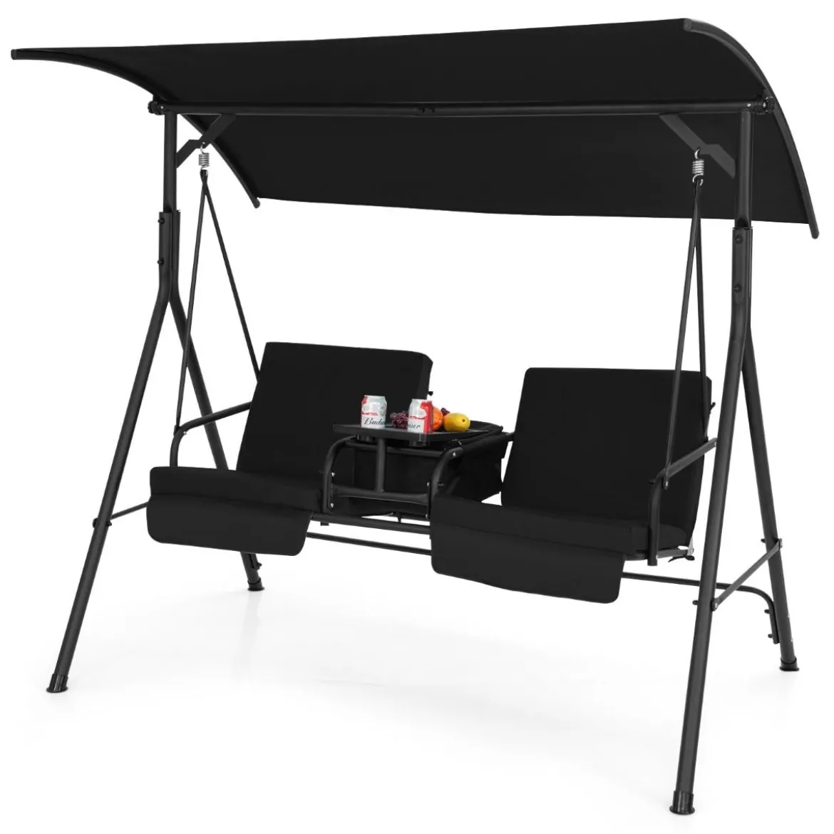 Hollywoodschaukel mit Kühltasche drehbarem Tablett und abnehmbaren Kissen Schwarz 180 x 124 x 161,5 cm