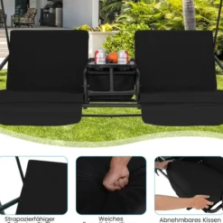 Hollywoodschaukel mit Kühltasche drehbarem Tablett und abnehmbaren Kissen Schwarz 180 x 124 x 161,5 cm