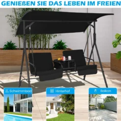 Hollywoodschaukel mit Kühltasche drehbarem Tablett und abnehmbaren Kissen Schwarz 180 x 124 x 161,5 cm