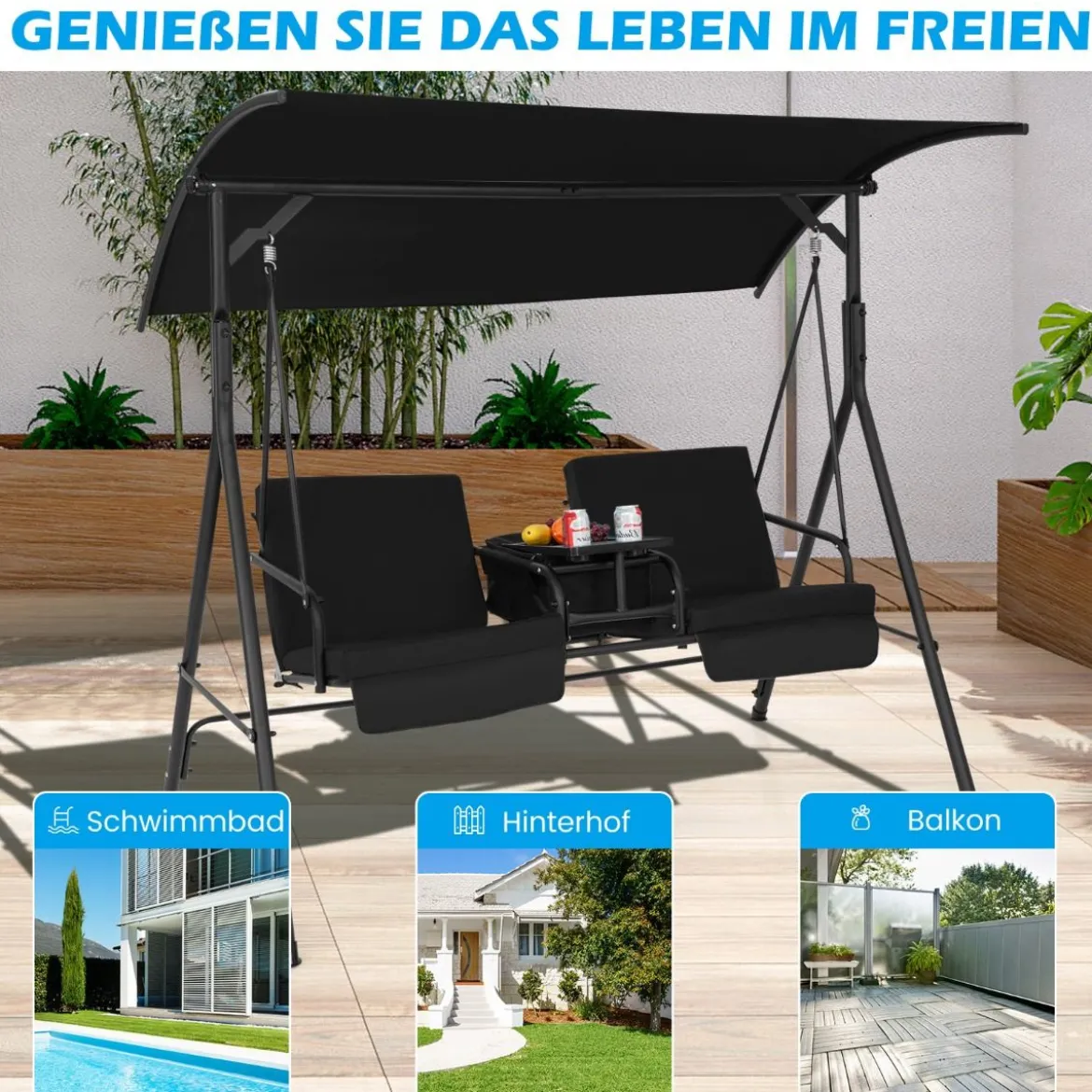Hollywoodschaukel mit Kühltasche drehbarem Tablett und abnehmbaren Kissen Schwarz 180 x 124 x 161,5 cm