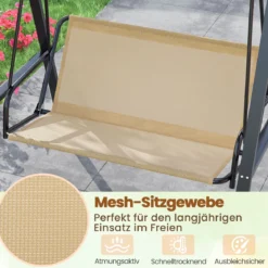 Hollywoodschaukel 2-Sitzer Gartenschaukel mit Sonnendach & Metallgestell Outdoor-Schaukel bis 300kg Belastbar Beige