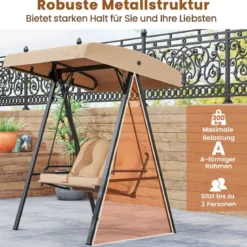 Hollywoodschaukel 2-Sitzer Gartenschaukel mit Sonnendach & Metallgestell Outdoor-Schaukel bis 300kg Belastbar Beige