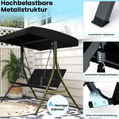 Hollywoodschaukel 3-Sitzer Gartenschaukel mit Sonnendach & Rattansitzlehne & Metallgestell Outdoor Schaukelbank bis 450kg Belastbar