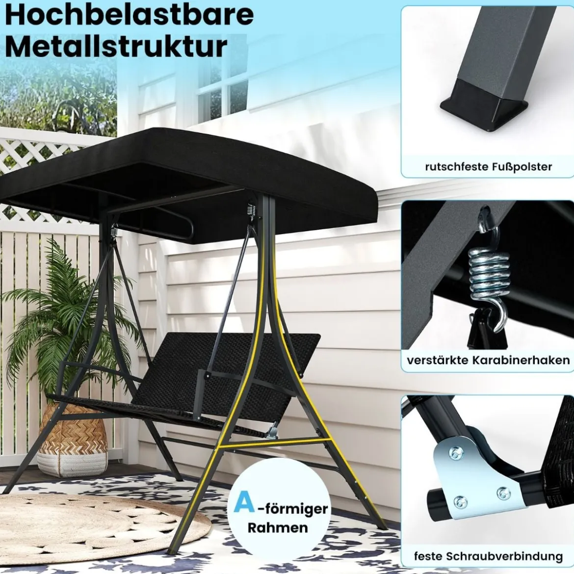 Hollywoodschaukel 3-Sitzer Gartenschaukel mit Sonnendach & Rattansitzlehne & Metallgestell Outdoor Schaukelbank bis 450kg Belastbar