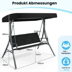 Hollywoodschaukel 3-Sitzer Gartenschaukel mit Sonnendach & Rattansitzlehne & Metallgestell Outdoor Schaukelbank bis 450kg Belastbar