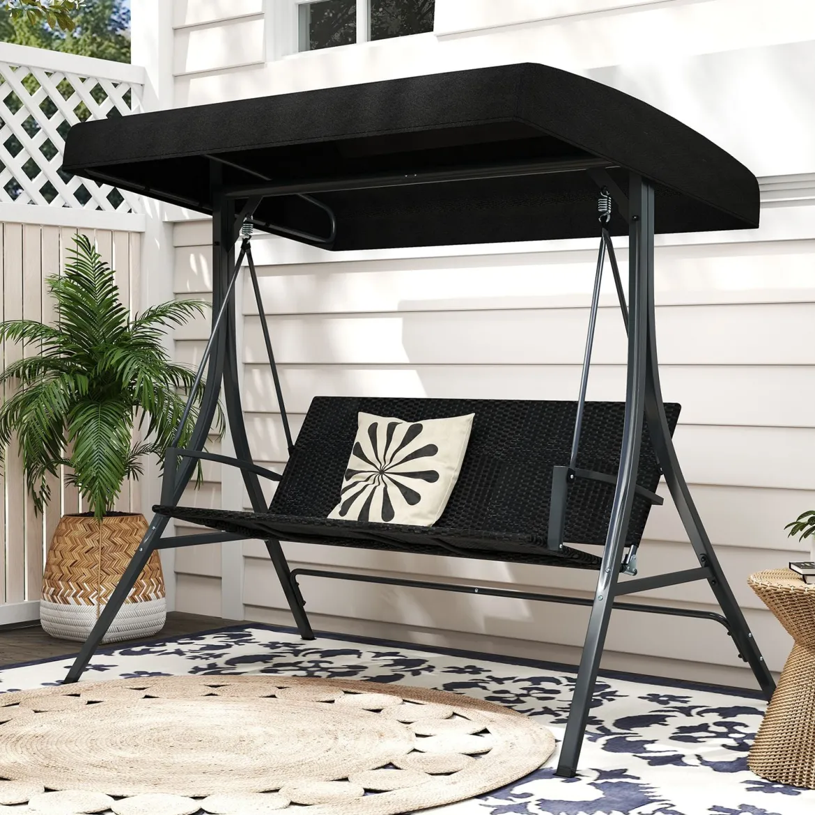 Hollywoodschaukel 3-Sitzer Gartenschaukel mit Sonnendach & Rattansitzlehne & Metallgestell Outdoor Schaukelbank bis 450kg Belastbar