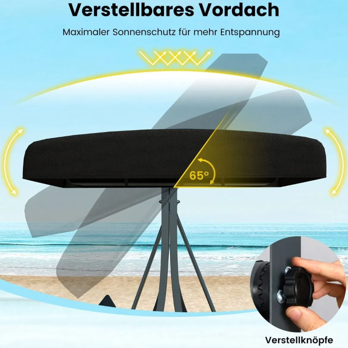 Hollywoodschaukel 3-Sitzer Gartenschaukel mit Sonnendach & Rattansitzlehne & Metallgestell Outdoor Schaukelbank bis 450kg Belastbar