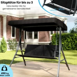 Hollywoodschaukel 3-Sitzer Gartenschaukel mit Sonnendach & Rattansitzlehne & Metallgestell Outdoor Schaukelbank bis 450kg Belastbar
