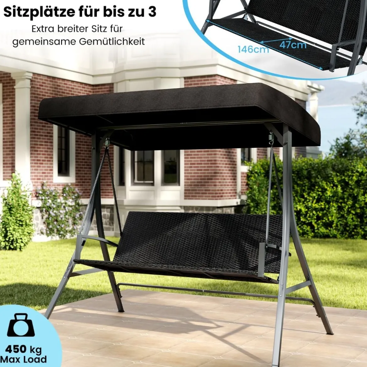 Hollywoodschaukel 3-Sitzer Gartenschaukel mit Sonnendach & Rattansitzlehne & Metallgestell Outdoor Schaukelbank bis 450kg Belastbar