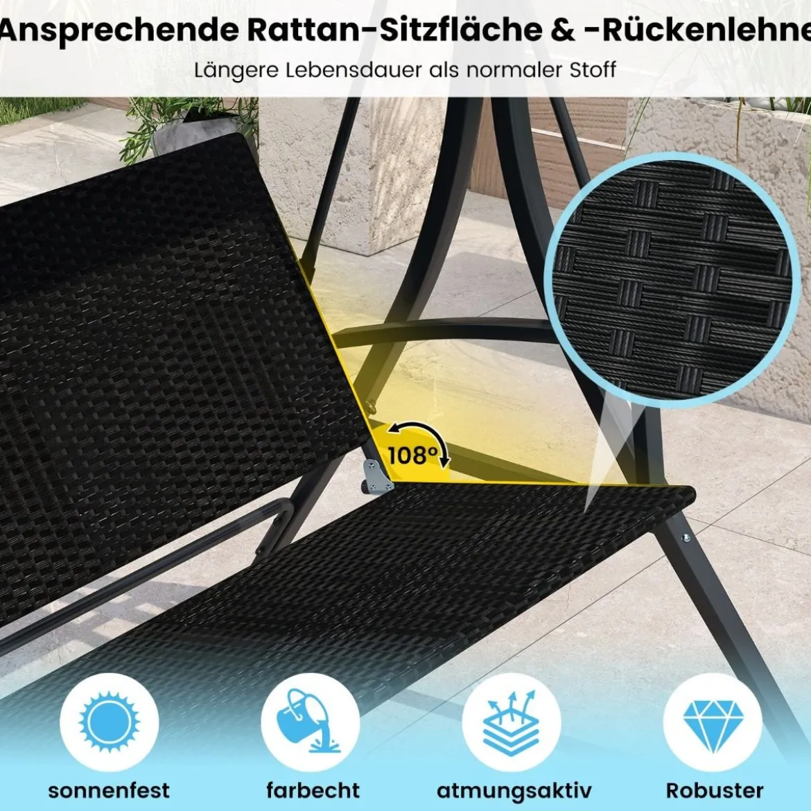 Hollywoodschaukel 3-Sitzer Gartenschaukel mit Sonnendach & Rattansitzlehne & Metallgestell Outdoor Schaukelbank bis 450kg Belastbar