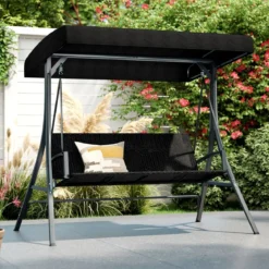 Hollywoodschaukel 3-Sitzer Gartenschaukel mit Sonnendach & Rattansitzlehne & Metallgestell Outdoor Schaukelbank bis 450kg Belastbar
