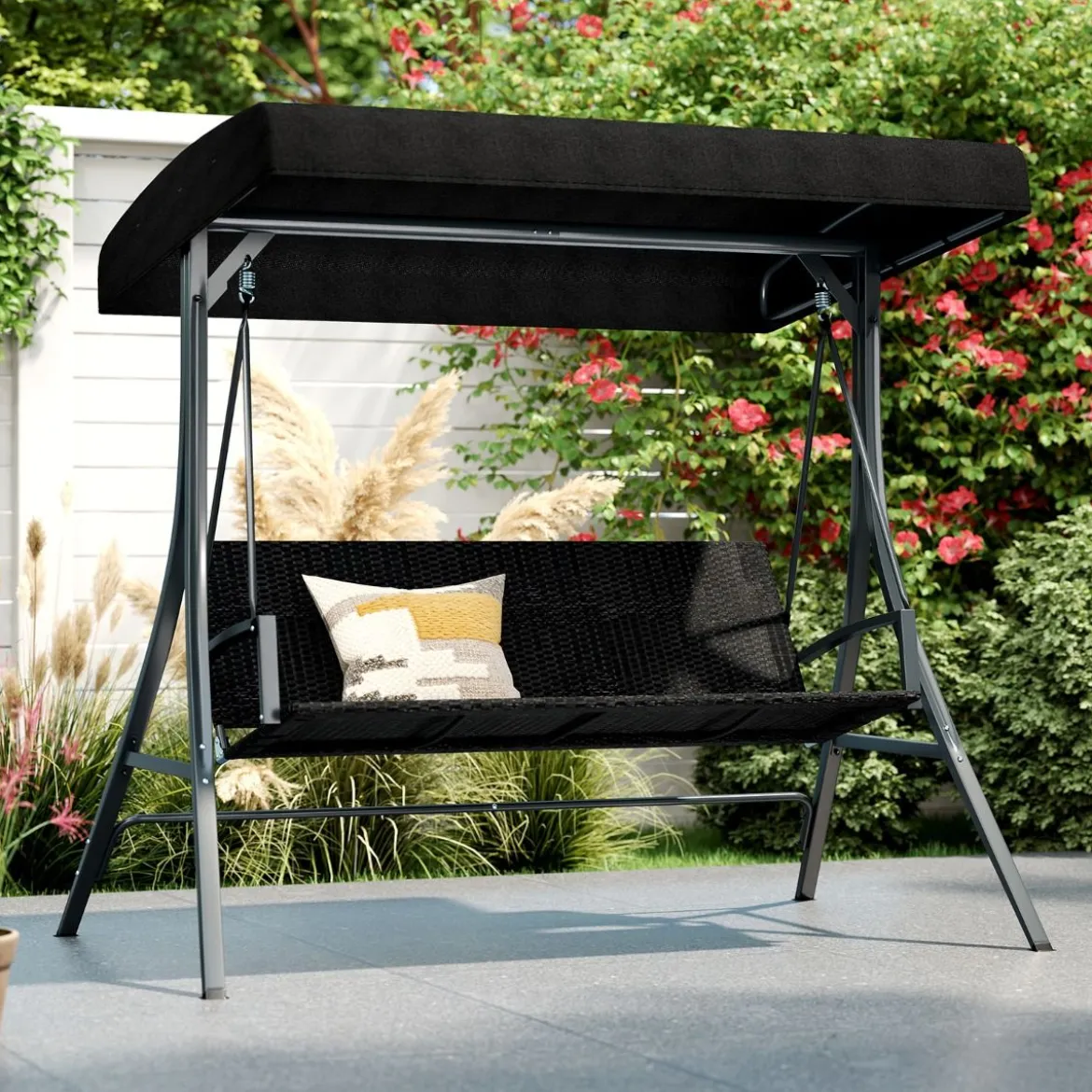 Hollywoodschaukel 3-Sitzer Gartenschaukel mit Sonnendach & Rattansitzlehne & Metallgestell Outdoor Schaukelbank bis 450kg Belastbar