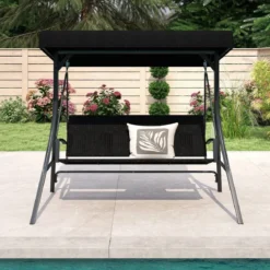 Hollywoodschaukel 3-Sitzer Gartenschaukel mit Sonnendach & Rattansitzlehne & Metallgestell Outdoor Schaukelbank bis 450kg Belastbar