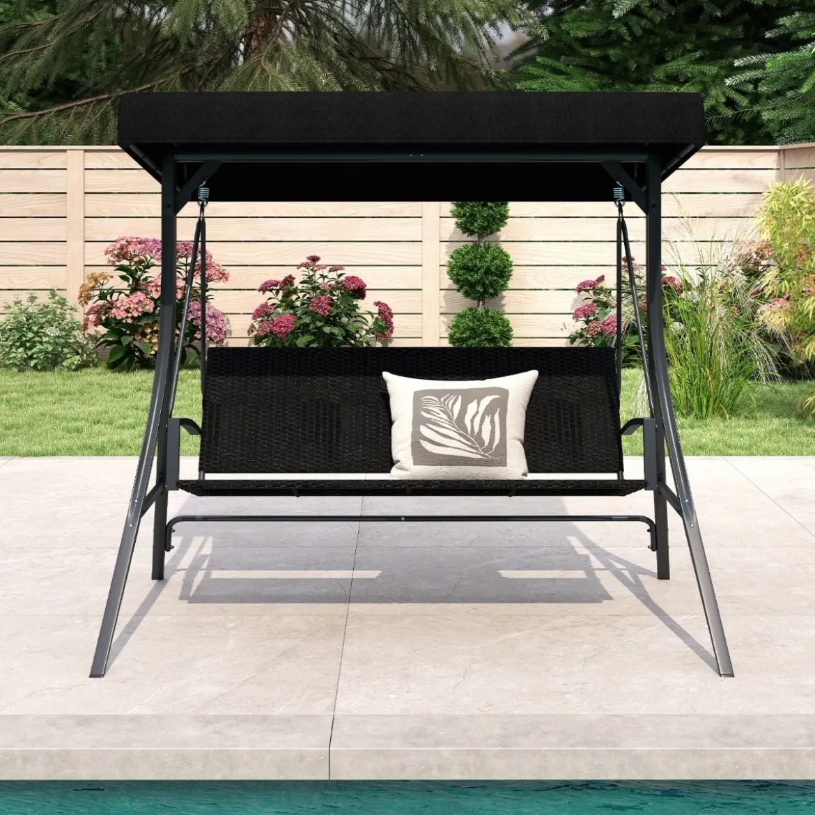 Hollywoodschaukel 3-Sitzer Gartenschaukel mit Sonnendach & Rattansitzlehne & Metallgestell Outdoor Schaukelbank bis 450kg Belastbar