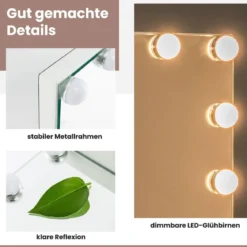 Hollywood Spiegel mit Beleuchtung Tischspiegel mit 14 dimmbaren LED-Leuchten und 3 Lichtfarben 50 x 12 x 43 cm