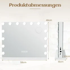 Hollywood Spiegel mit Beleuchtung USB-Ladeanschluss & Bluetooth-Lautsprecher Kosmetikspiegel für Schlafzimmer 58 x 46 cm Weiß