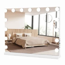Hollywood Spiegel mit Beleuchtung USB-Ladeanschluss & Bluetooth-Lautsprecher Kosmetikspiegel für Schlafzimmer 58 x 46 cm Weiß