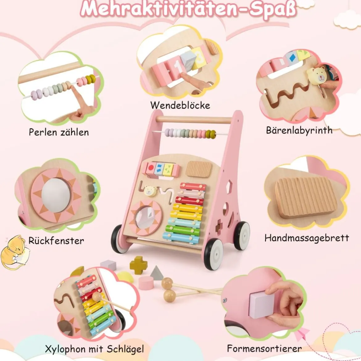 Holz Baby Lauflernhilfe mit glatten Griffe & Integrierten Spielaktivitäten Lauflernwagen