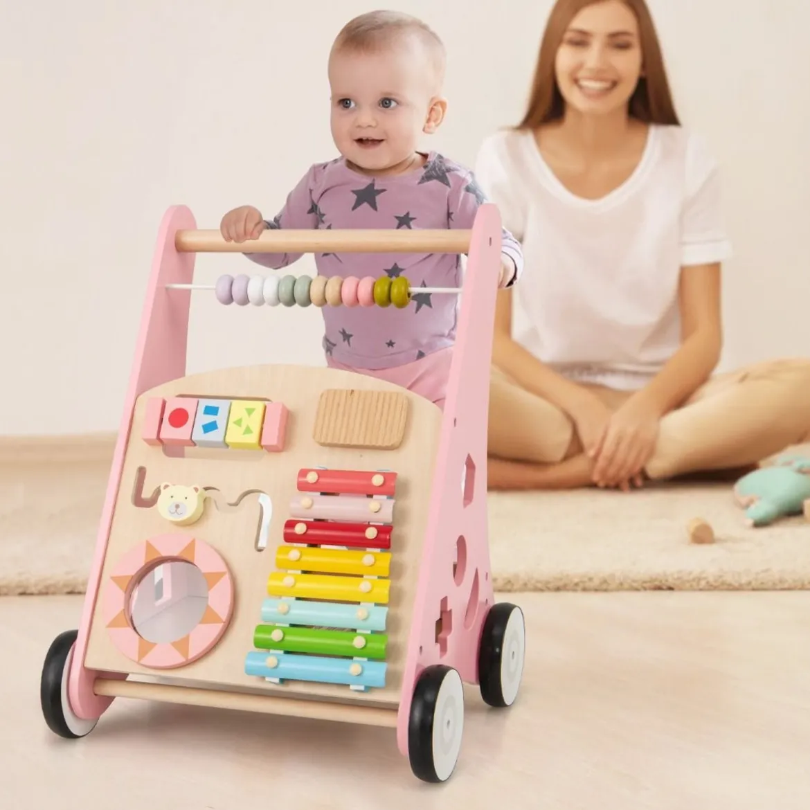 Holz Baby Lauflernhilfe mit glatten Griffe & Integrierten Spielaktivitäten Lauflernwagen