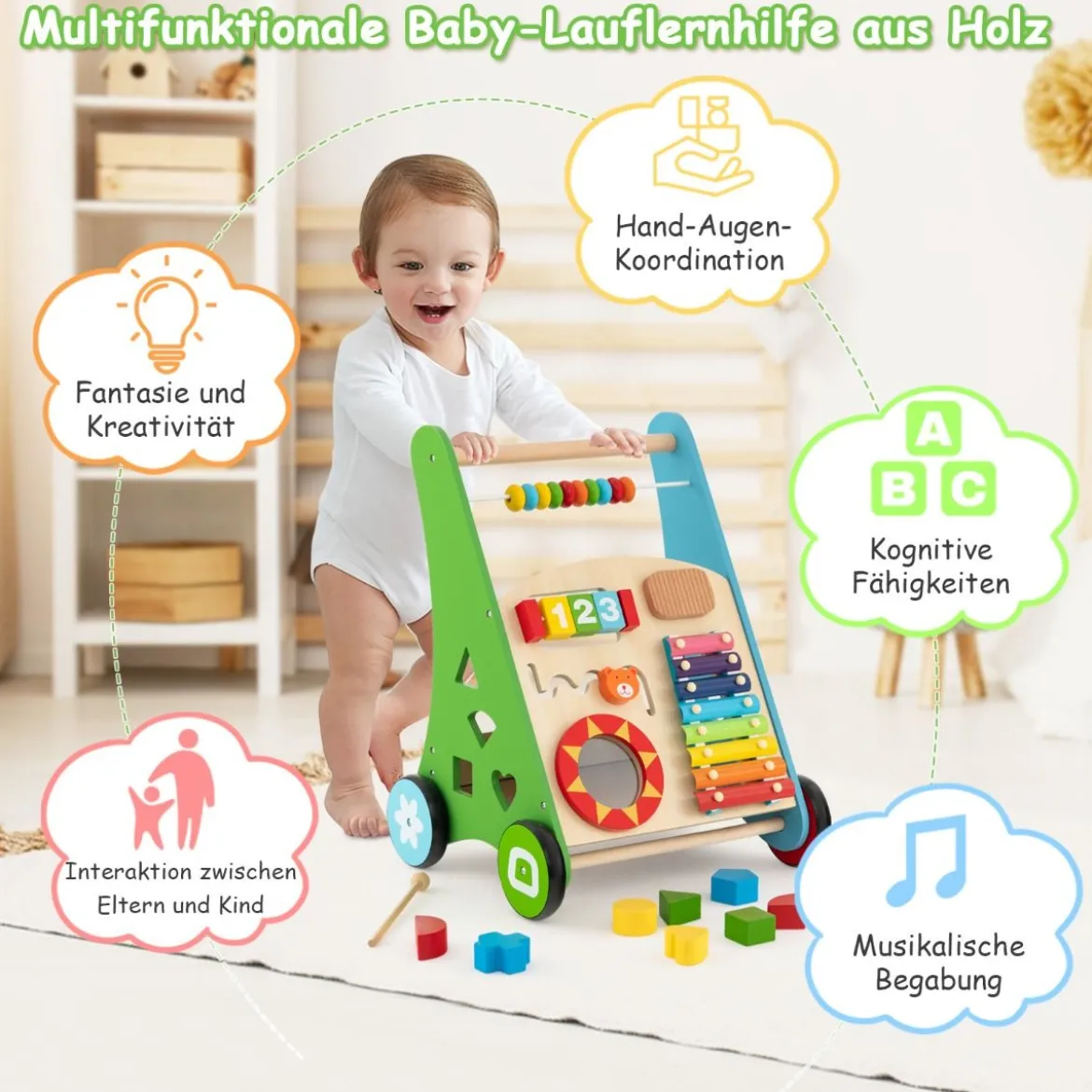 Holz Baby Lauflernhilfe mit glatten Griffe & Integrierten Spielaktivitäten Lauflernwagen