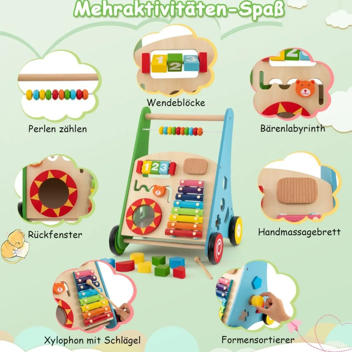 Holz Baby Lauflernhilfe mit glatten Griffe & Integrierten Spielaktivitäten Lauflernwagen