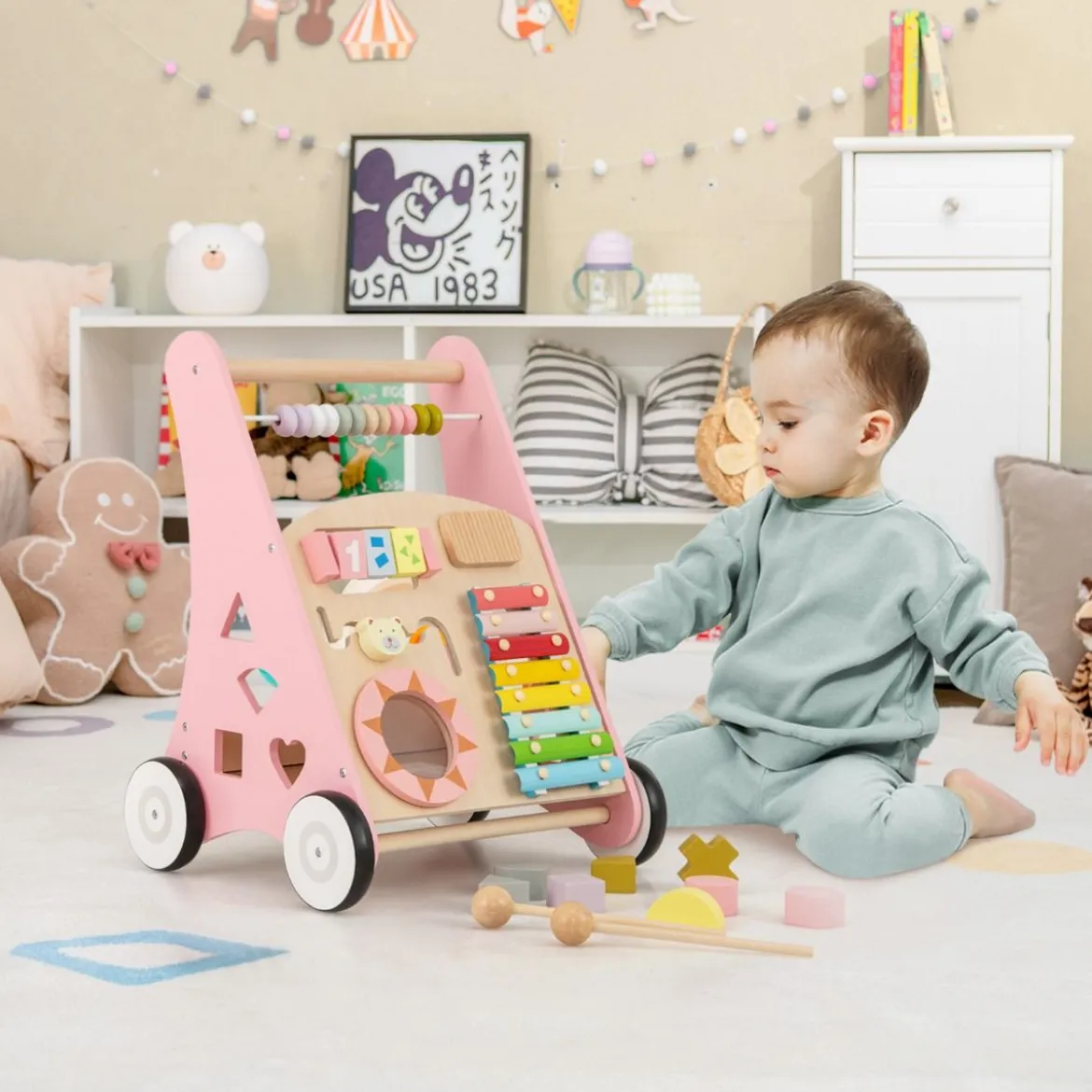 Holz Baby Lauflernhilfe mit glatten Griffe & Integrierten Spielaktivitäten Lauflernwagen