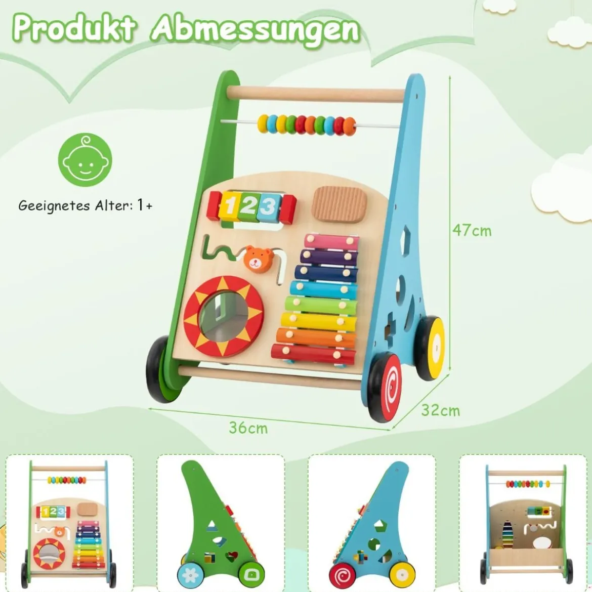 Holz Baby Lauflernhilfe mit glatten Griffe & Integrierten Spielaktivitäten Lauflernwagen