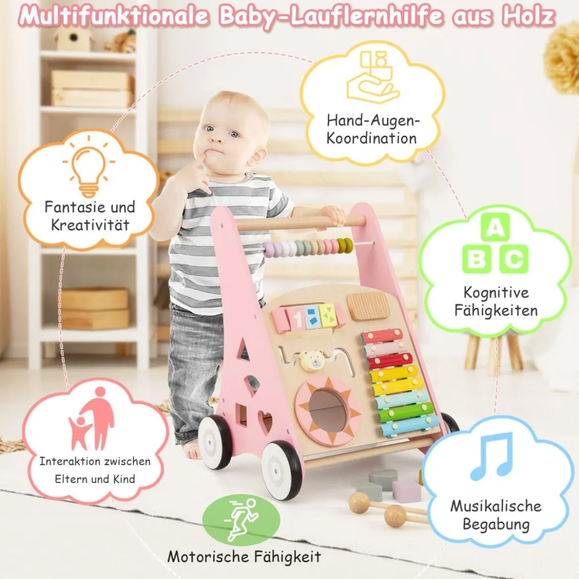 Holz Baby Lauflernhilfe mit glatten Griffe & Integrierten Spielaktivitäten Lauflernwagen