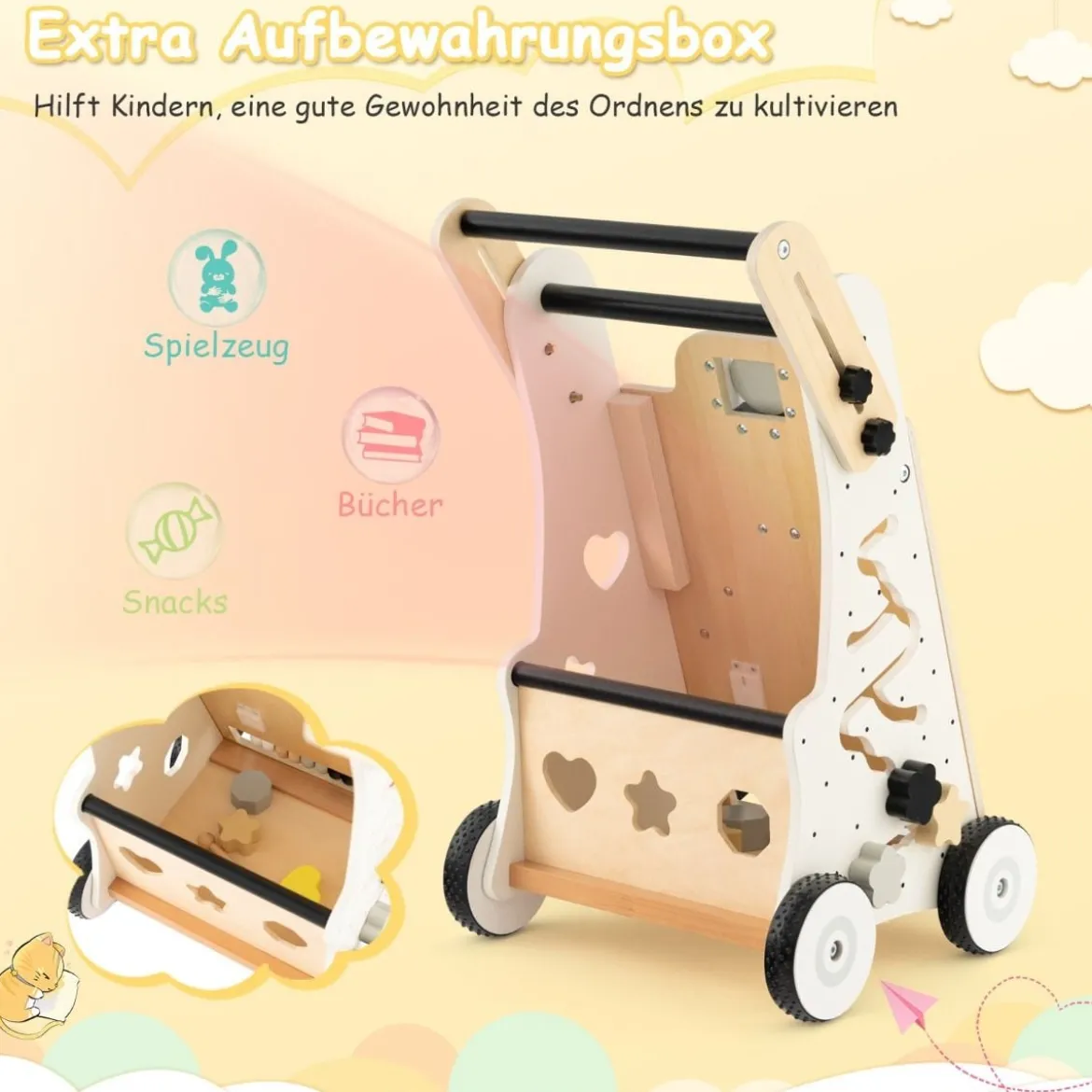 Holz Baby Lauflernhilfe Multifunktionaler Lauflernwagen 33 x 32 x 52-57 cm Natur